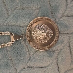 Silver Ornate Necklace with Square Pendant and Clear Gemstone